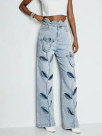Floral Design Sense Casual Denim Trousers For Women High Waist Spliced Button  Loose Wide Leg Pants