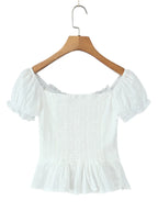 Women Sweet Lace Patchwork Bow Tied Blouses French Slash Neck Short Sleeve