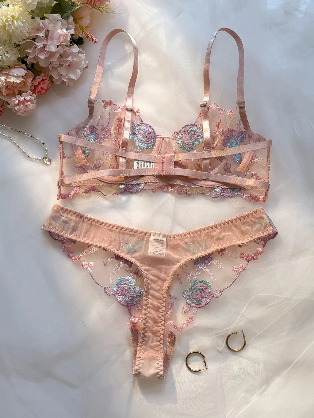 Pastel Pink Embroidered Bra And Panties Set With Steel Ring