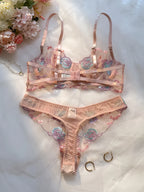 Pastel Pink Embroidered Bra And Panties Set With Steel Ring