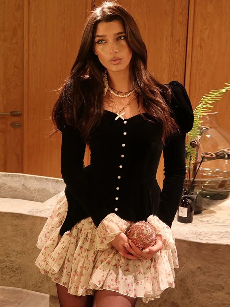 Floral Patchwork V Neck Mini Dress With Long Flare Sleeves