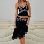 Chic Floral Two Piece Set With V Neck Cami Top And Asymmetrical Midi Skirt Lightweight Satin