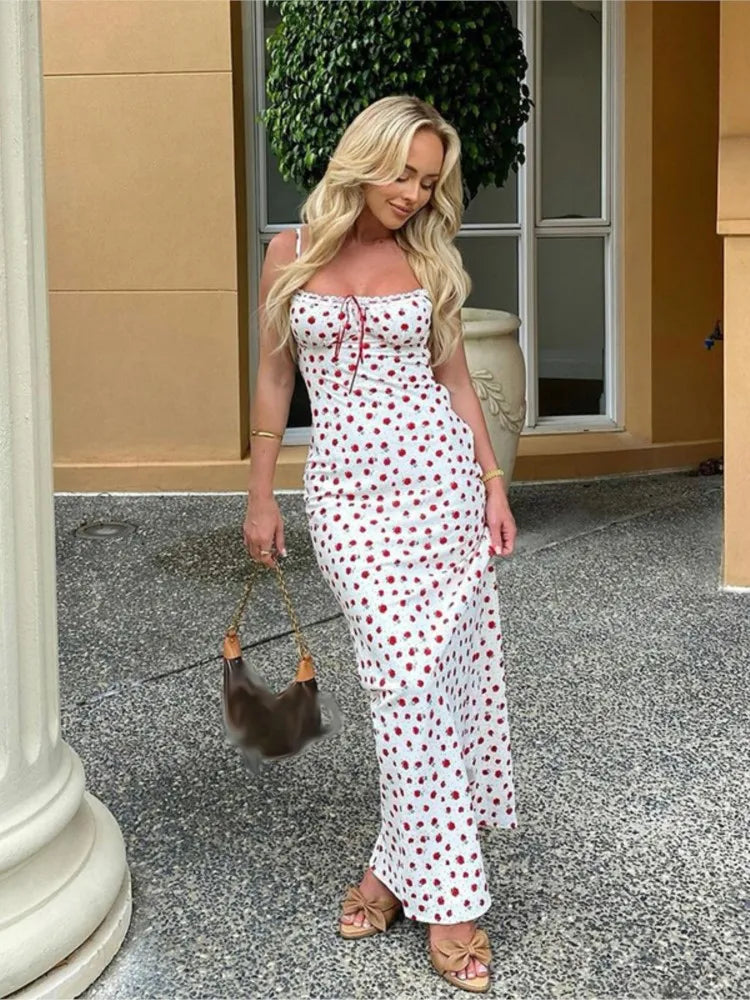 Floral Spaghetti Strap Maxi Dress With Lace Trim And Lace Up Detail