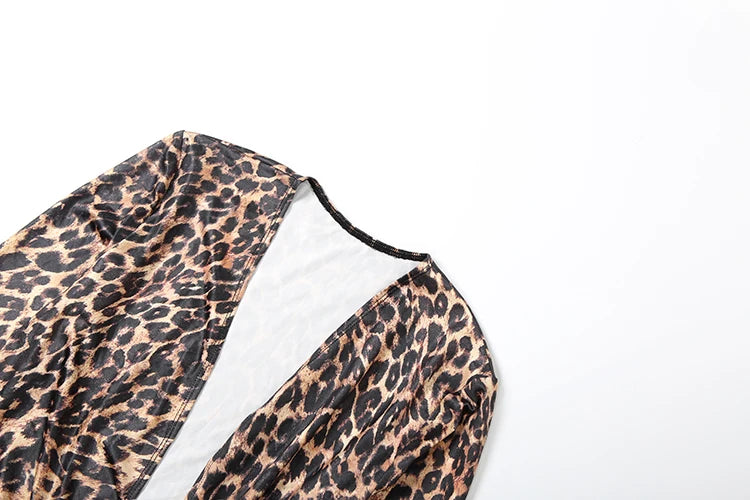 Leopard Print Ruched Deep V Neck Dress With Ribbon Tie And High Split