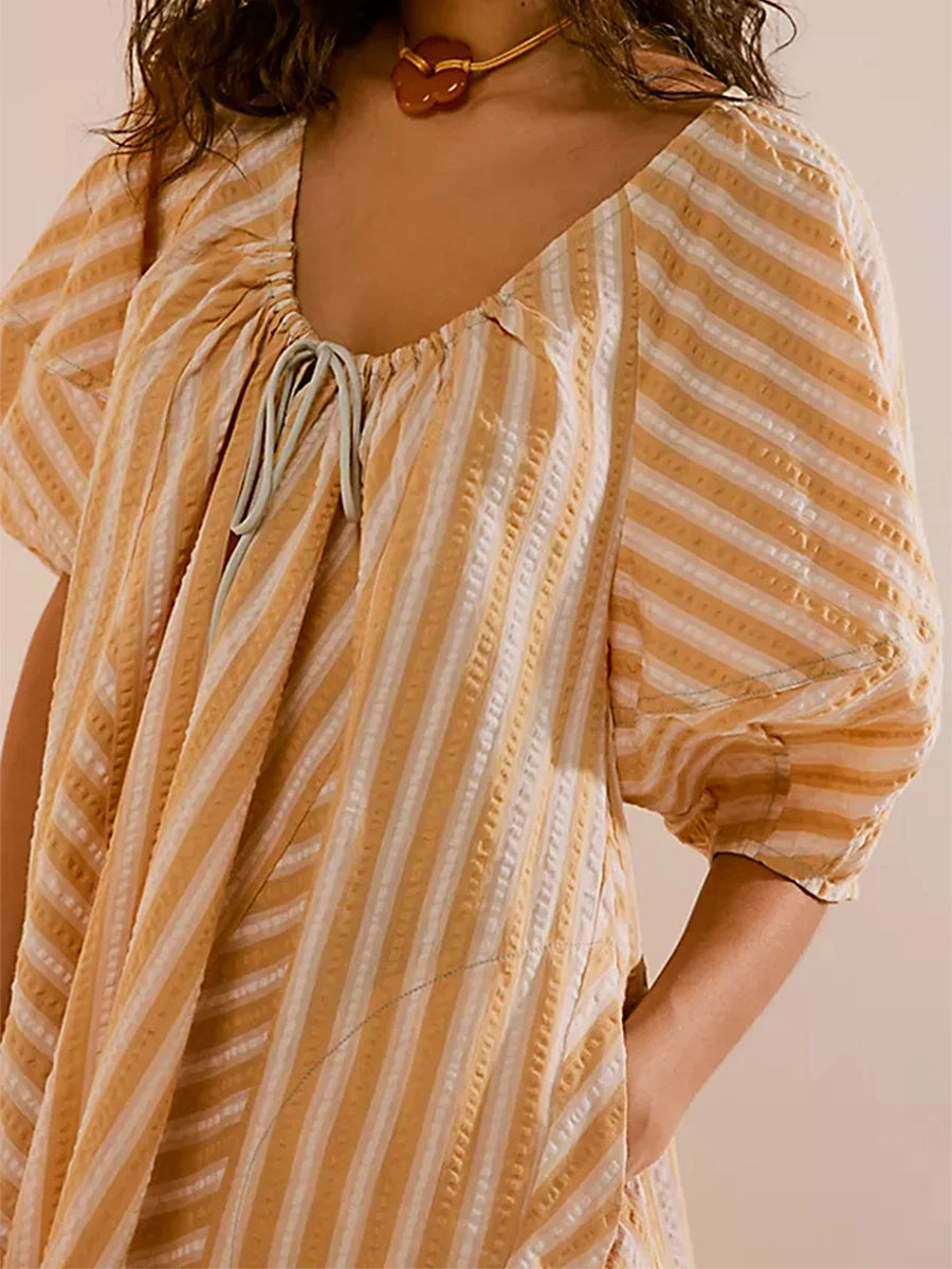 Y2k Rompers Sexy Loose Puff Sleeve V Neck Striped Jumpsuits Shorts Overalls Dress
