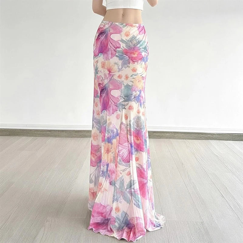 Bohemian Mesh Floral Maxi Skirt For Women Elegant High Waist