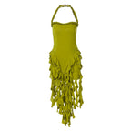 Elegant Halter Backless Ruffles Mini Dress Slim Fit With Tassel Detail