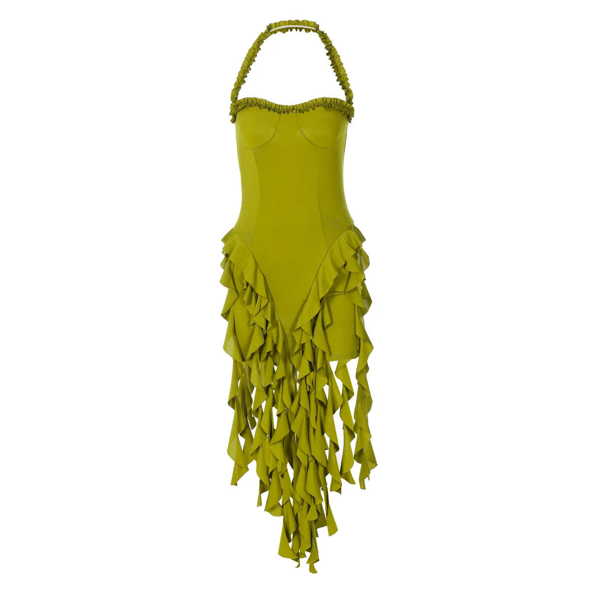 Elegant Halter Backless Ruffles Mini Dress Slim Fit With Tassel Detail