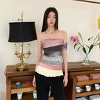 Bold Tie Dye Mesh Crop Top With Slash Neck And Patchwork