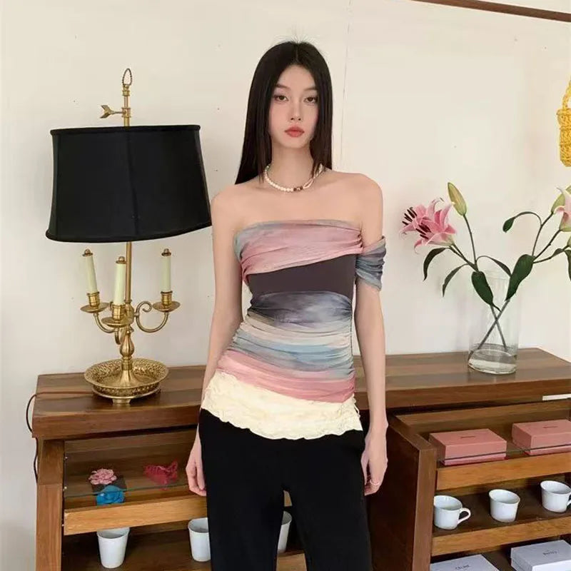Bold Tie Dye Mesh Crop Top With Slash Neck And Patchwork