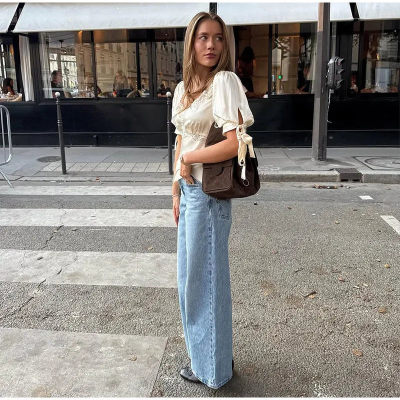 Lace Splicing Female Chic Bow Lace-up V Neck Short Sleeve Shirt