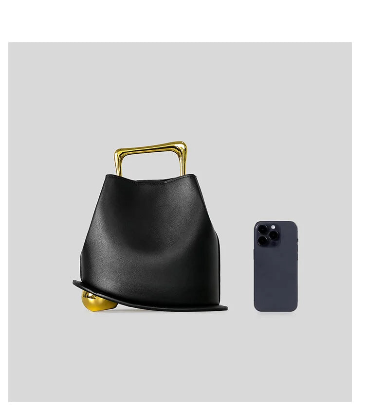 Gold Metallic Irregular Bucket Bag With Ball Base Leather Tote