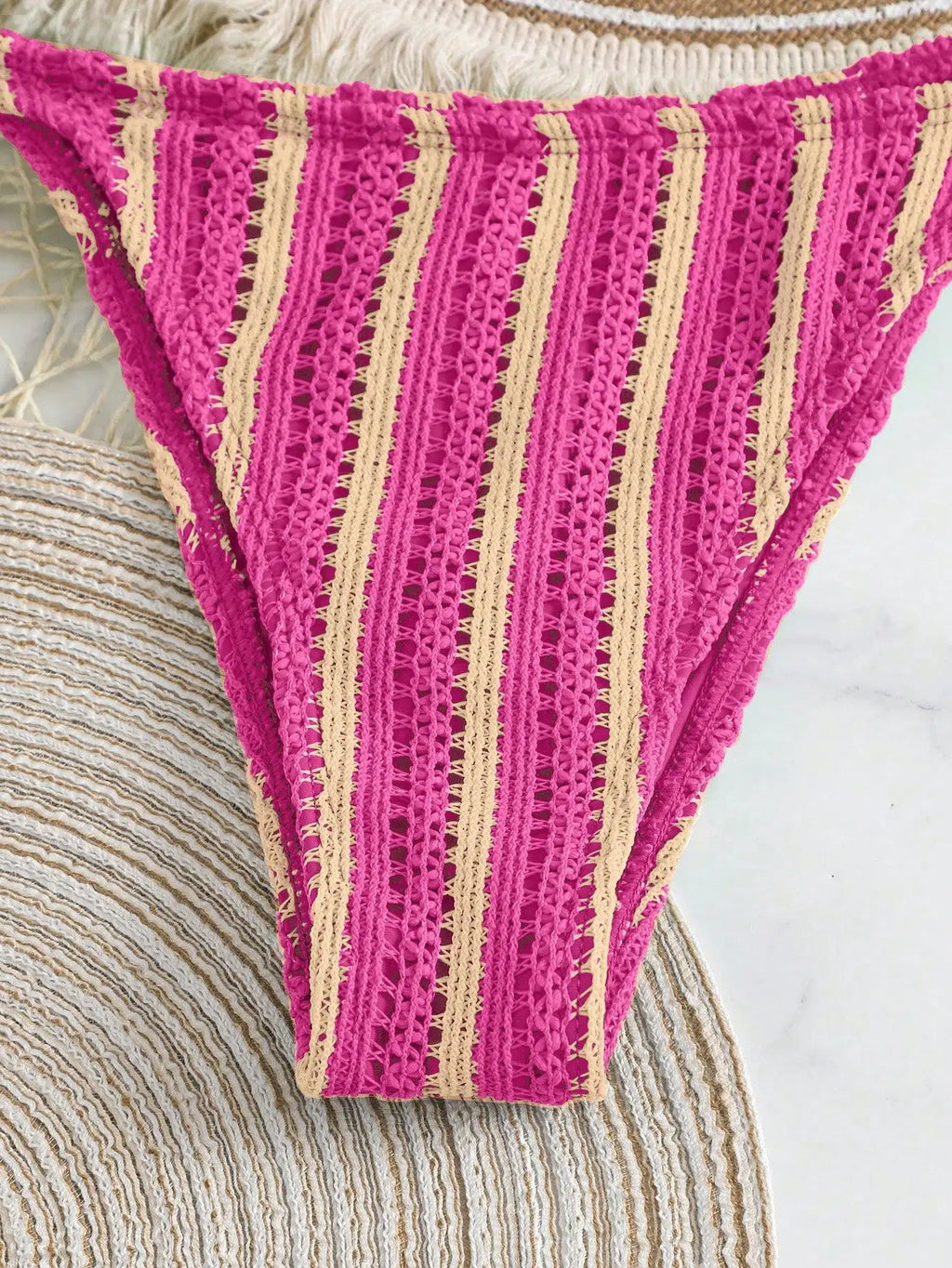 Retro Striped 3 Pieces Knitted Mesh String Bikini Set Swimsuit