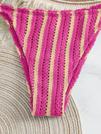 Retro Striped 3 Pieces Knitted Mesh String Bikini Set Swimsuit