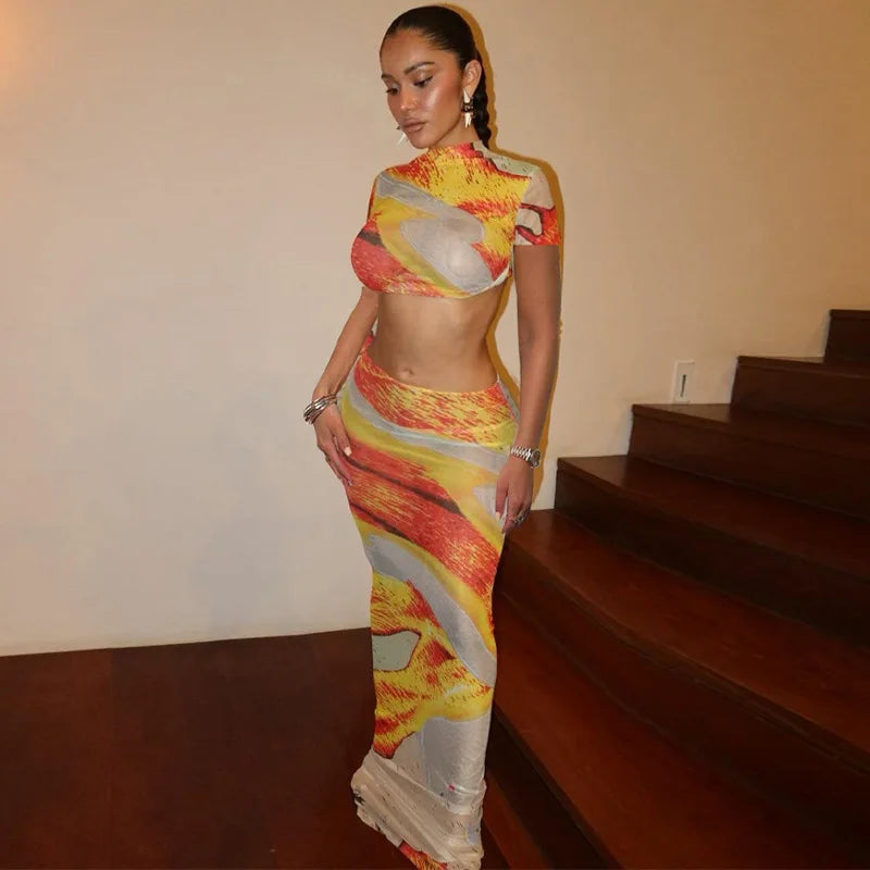Beach Print Set With Crop Top And Long Dress