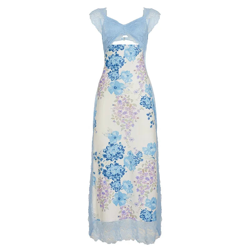 Elegant Backless Halter Dress With Lace And Floral Print High Waist Irregular Split