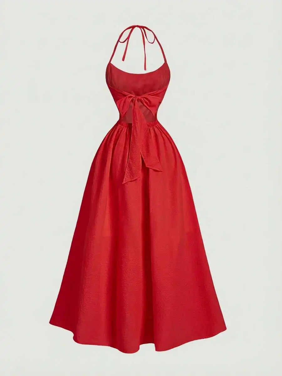 Halter Backless Midi Dress With Bowknot Waist Tie A Line