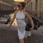 Elegant Off Shoulder Polka Dot Mini Dress Sleeveless Backless High Waist