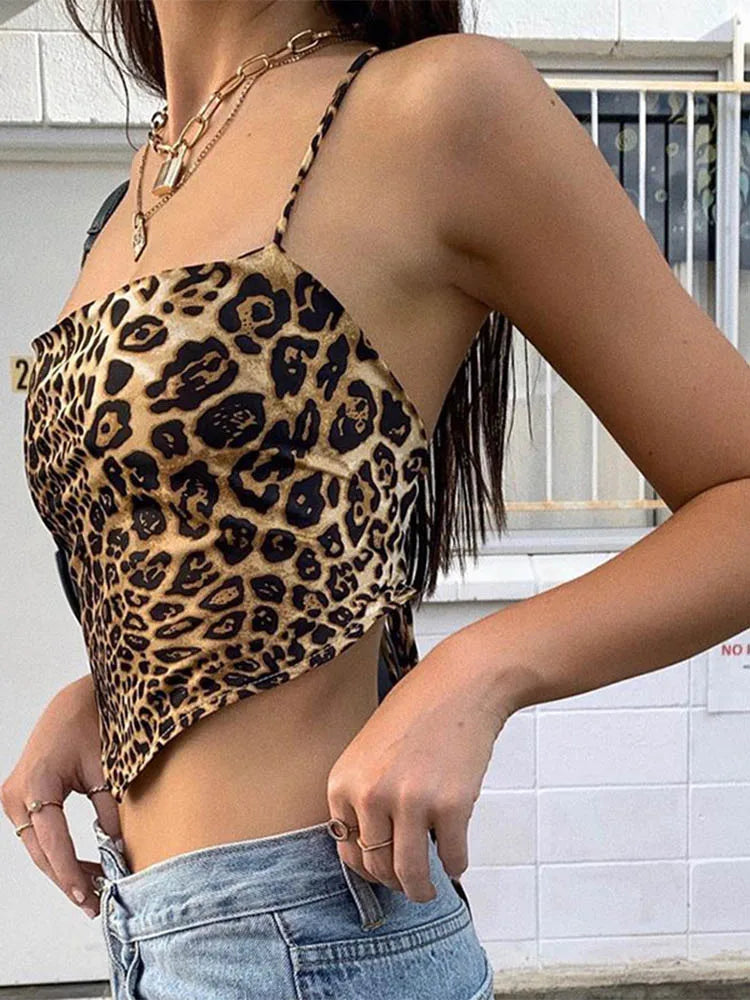 Leopard Print Backless Lace Up Bralette Crop Top