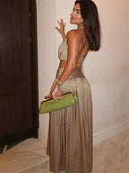 Two Piece Set Solid Color O Neck Top With Backless Lace Up And High Waist A Line Skirt
