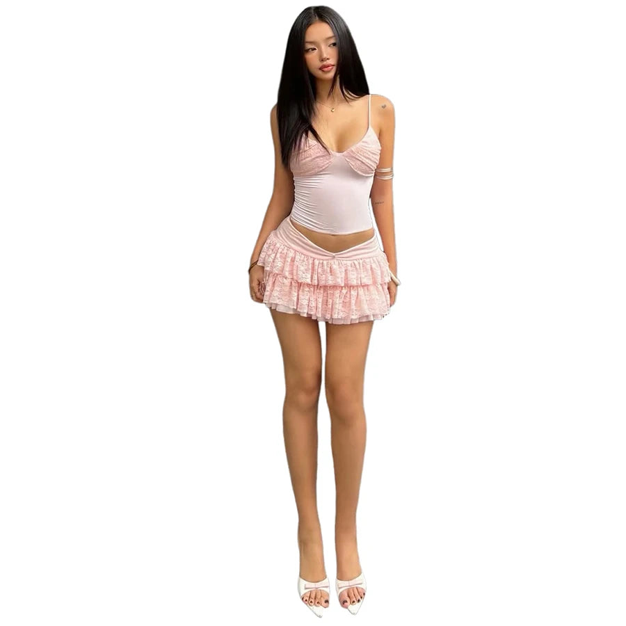 Retro Style Set For Summer Elegant Backless Camisole Top And Tiered Mini Skirt