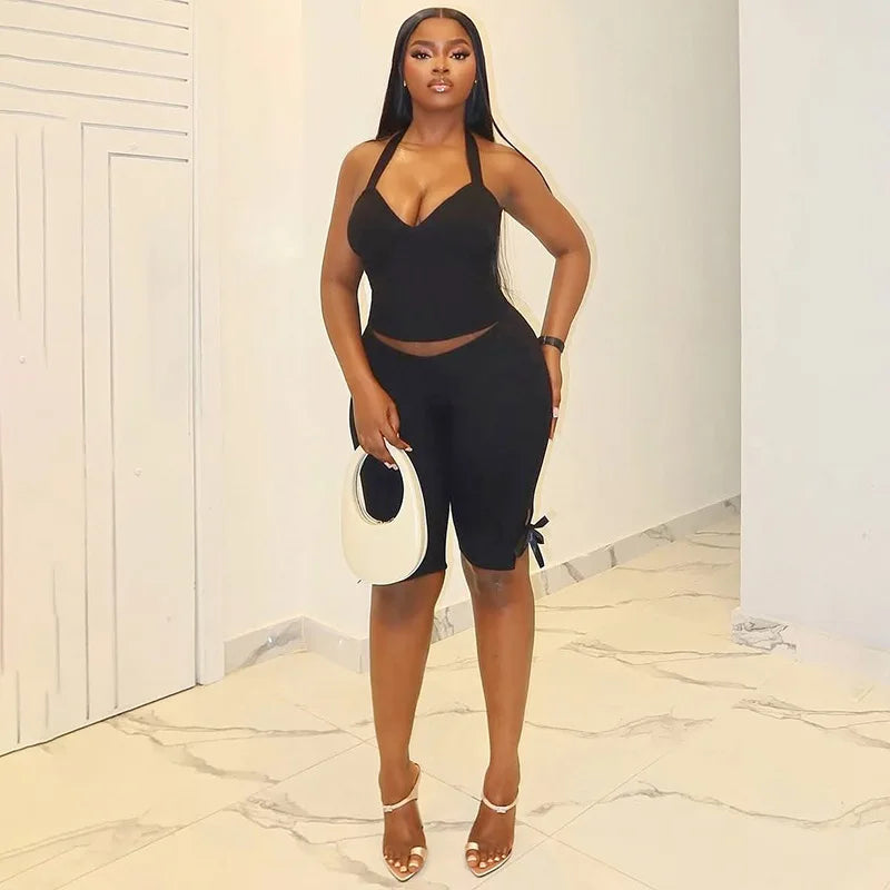Black Two Piece Set With Bow Tie Halter Top And Capri Leggings Retro Cord Detailing