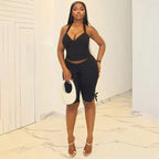 Black Two Piece Set With Bow Tie Halter Top And Capri Leggings Retro Cord Detailing