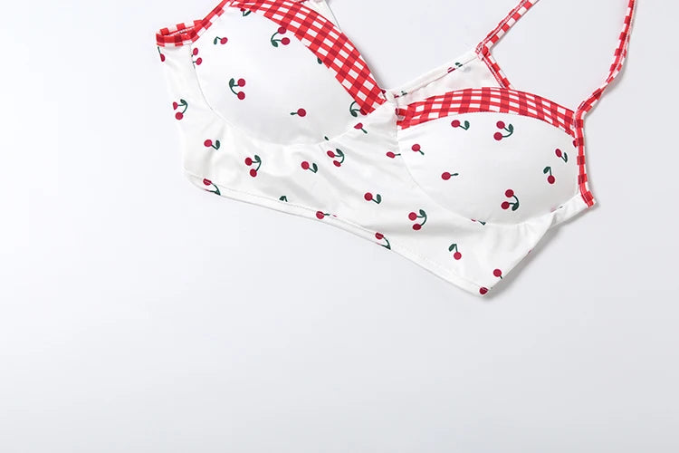 Cherry Plaid Y2K Backless Crop Top Skirt Set