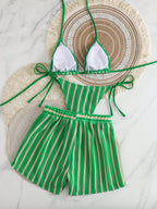 Retro Striped 3 Pieces Knitted Mesh String Bikini Set Swimsuit