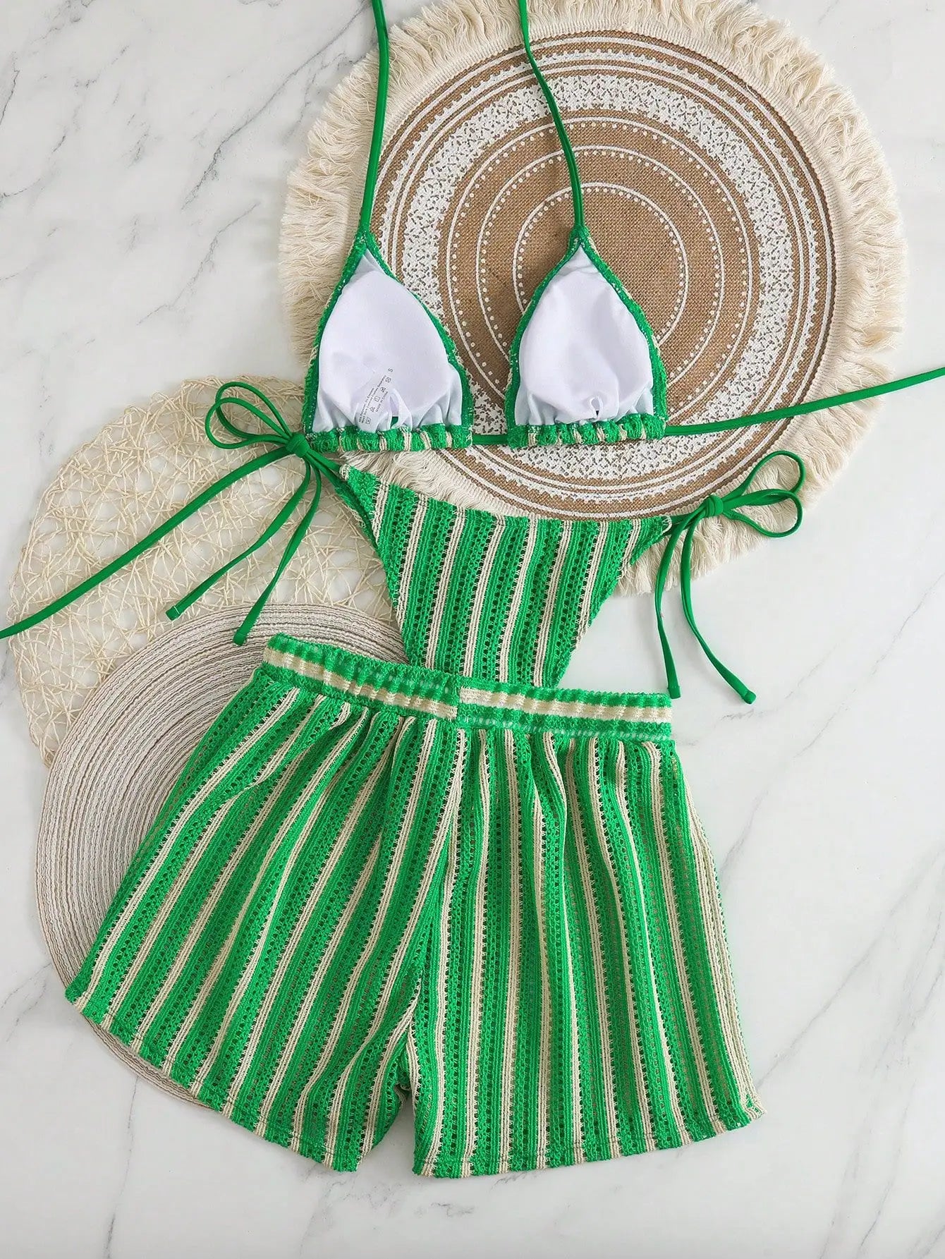 Retro Striped 3 Pieces Knitted Mesh String Bikini Set Swimsuit