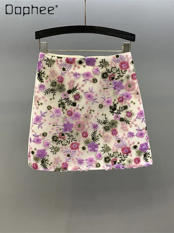 Floral Sequined Mini Skirt With High Waist Glam Inspired Retro Vibe