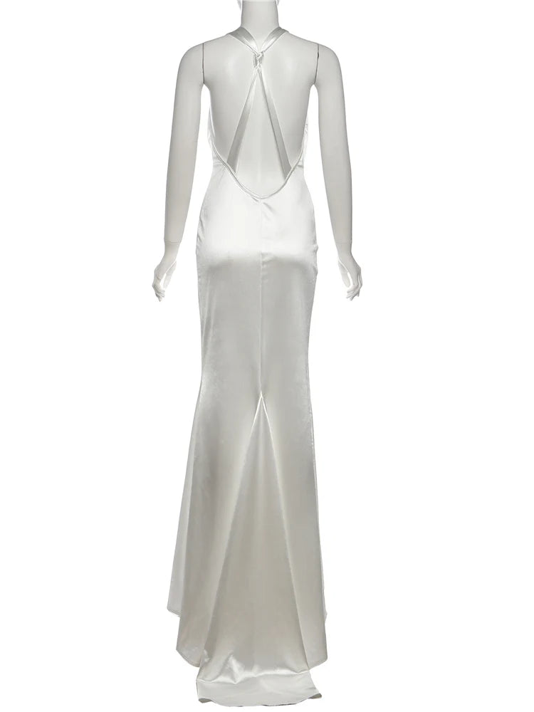 Silky Satin Evening Gown With Low Neck Backless Design Sleeveless Maxi Dress