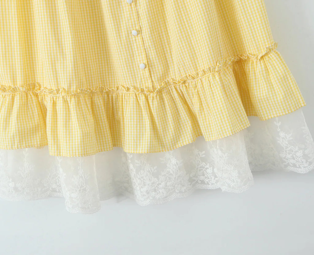 Yellow Gingham Lace Top And Skirt Set Vintage