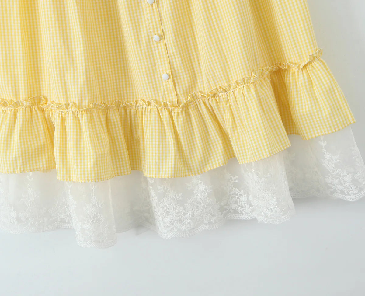 Yellow Gingham Lace Top And Skirt Set Vintage