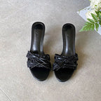 Butterfly Knot Heeled Slippers For Women Round Toe Slip On Sandals With Slim Heels