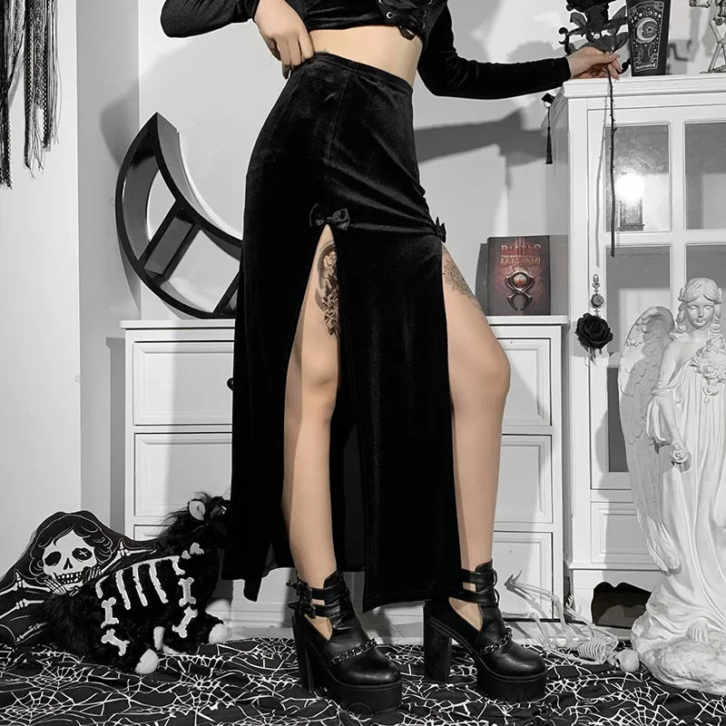 Punk High Waist Skirt With Bow Side Split Knee Length