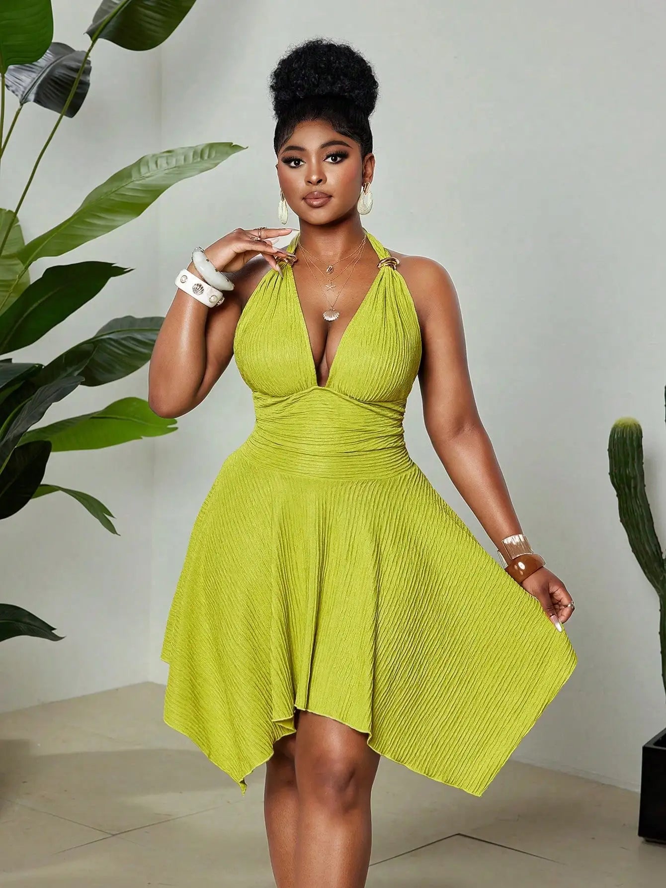 Vibrant Lime Green Pleated Halter Dress With Deep V Neck Backless Waist Defined Asymmetrical Hem