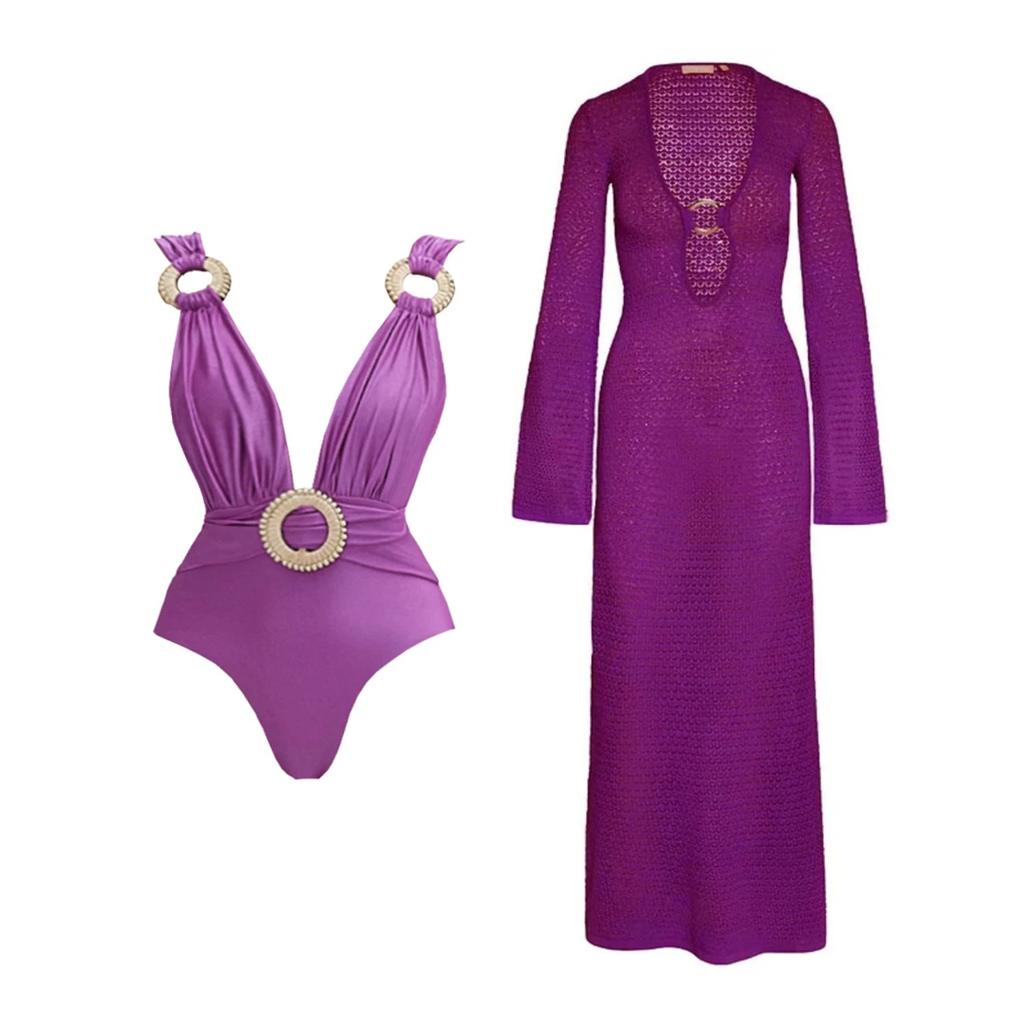 Three Piece Halter Bikini Set Purple Crochet Dress Swimsuit With Push Up Bandeau Beachwear