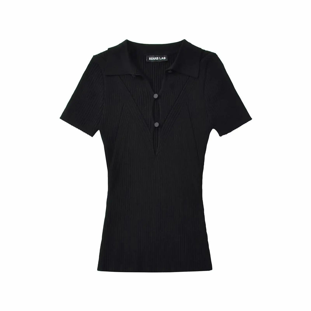 Knit Turn Down Collar Pullover For Women Slim Stretch Short Sleeve Top
