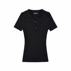 Knit Turn Down Collar Pullover For Women Slim Stretch Short Sleeve Top