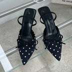 Satin Butterfly Polka Dot Pointed Toe Mules For Women Low Heel Pumps