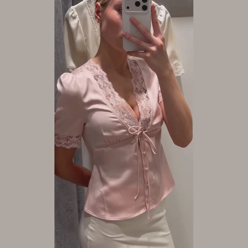 Lace Splicing Female Chic Bow Lace-up V Neck Short Sleeve Shirt