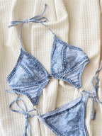 Denim Printed Tummy Cut Out Halter Women Swimwear One Piece