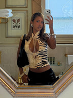 Tiger Print Top With Standing Collar And Tassel Details