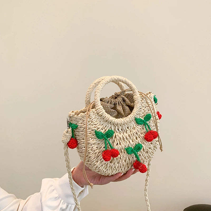 Cherry Deco Chic Shoulder Bag Mini Basket Purse Paper Weave Handmade