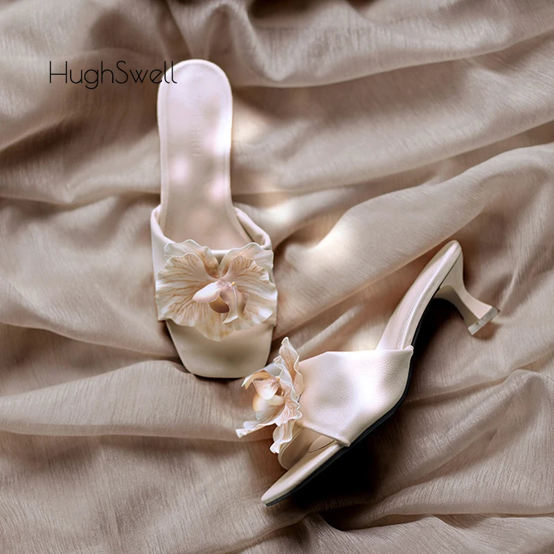Romantic Nude Floral Butterfly Orchid Mule With Low Kitten Heel And Square Toe Elegant Evening Footwear