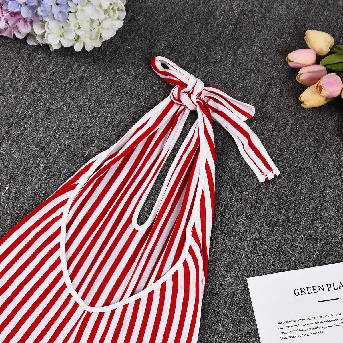 Red Striped Print Backless Halter Playsuit