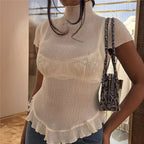 Women's Ribbed Slim Fit Stylish See Through Solid Color Turtleneck Short Sleeve Top