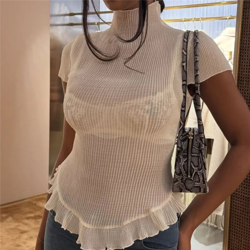 Women's Ribbed Slim Fit Stylish See Through Solid Color Turtleneck Short Sleeve Top