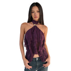 Tierred Backless Halter Patchwork Tank Top With Metal Buckle Accent Irregular Hem